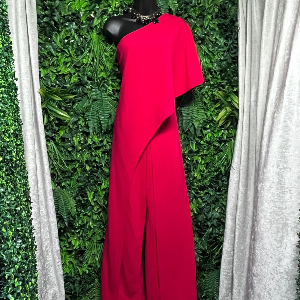 Adrianna Papell Pants Jumpsuit 10 Red One Shoulder Cape‎ Overlay Wide Leg 3851 - Picture 3 of 8